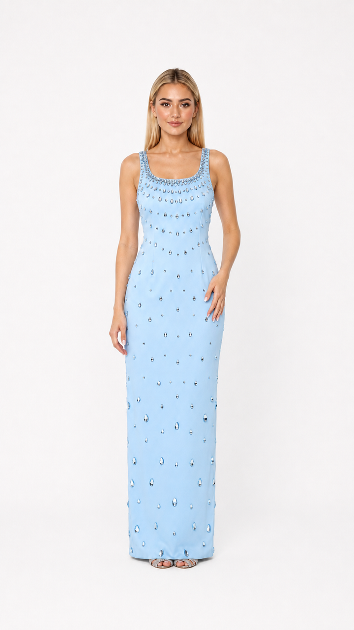 Sky Blue Crystal Embellished Maxi Dress – AZURÉ