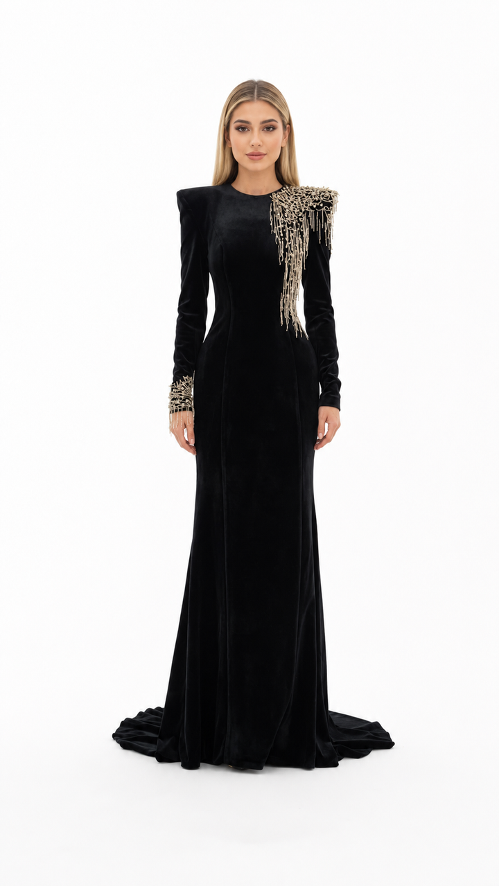 Black Velvet Crystal Fringe Evening Gown – NOIRÉ