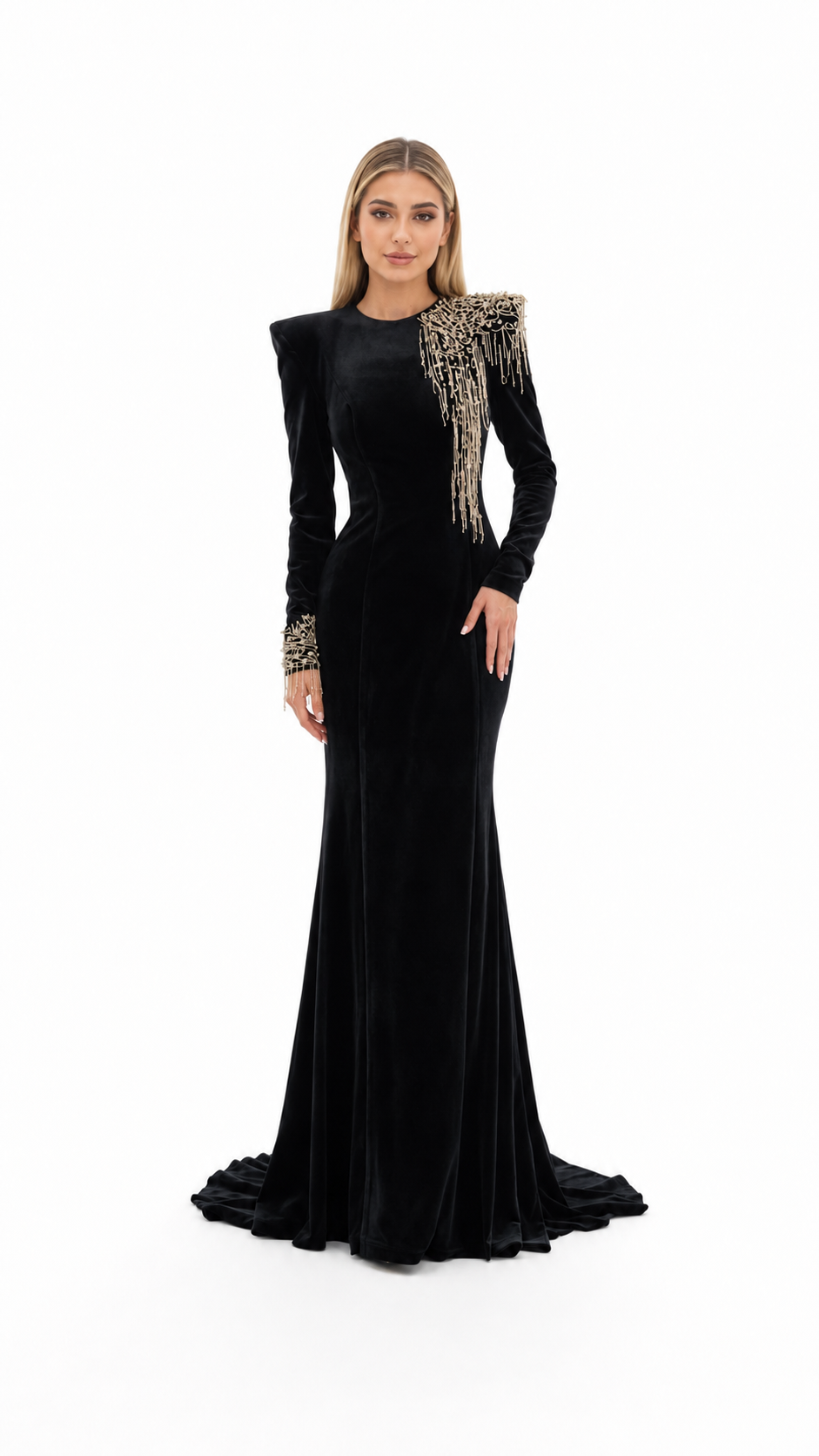 Black Velvet Crystal Fringe Evening Gown – NOIRÉ