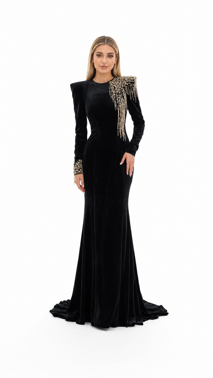 Black Velvet Crystal Fringe Evening Gown – NOIRÉ