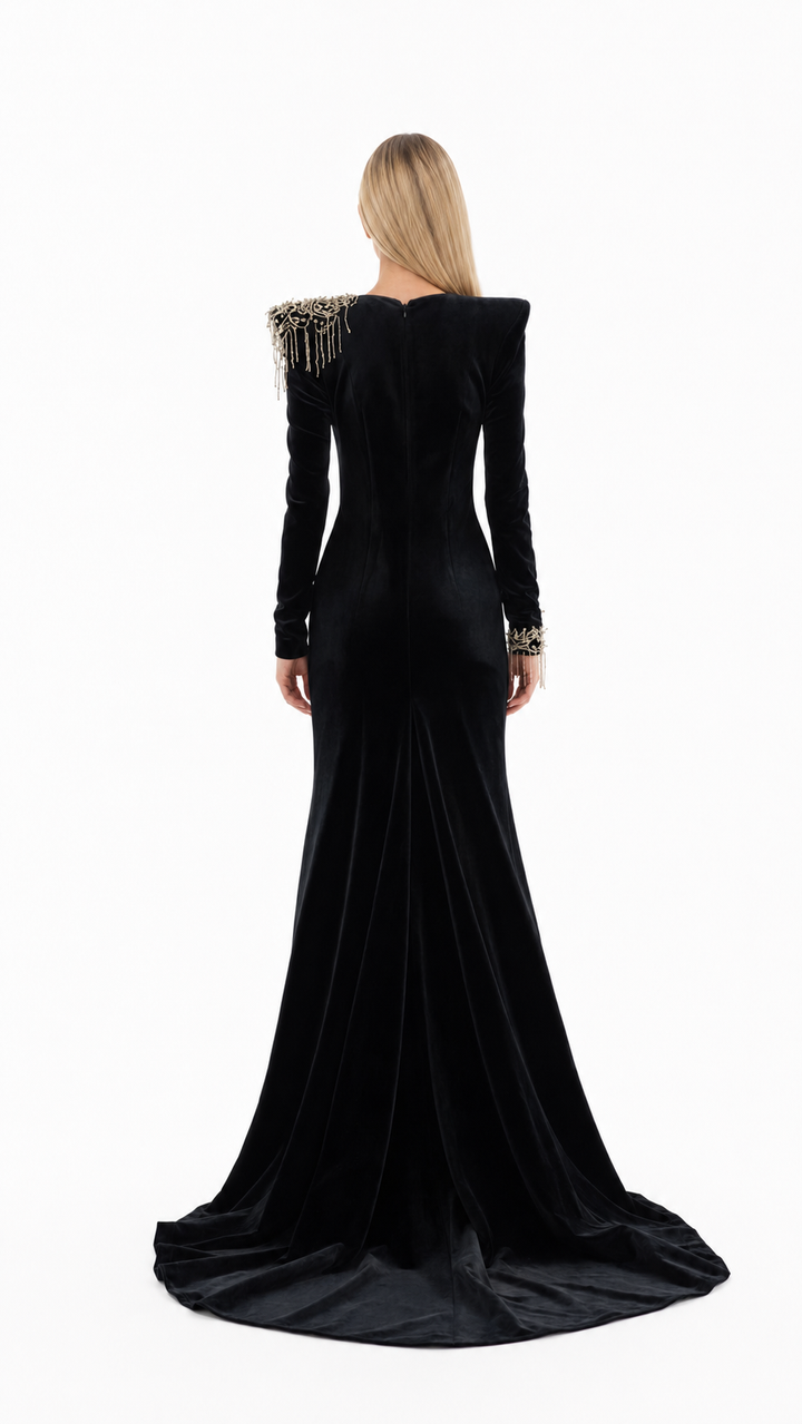 Black Velvet Crystal Fringe Evening Gown – NOIRÉ