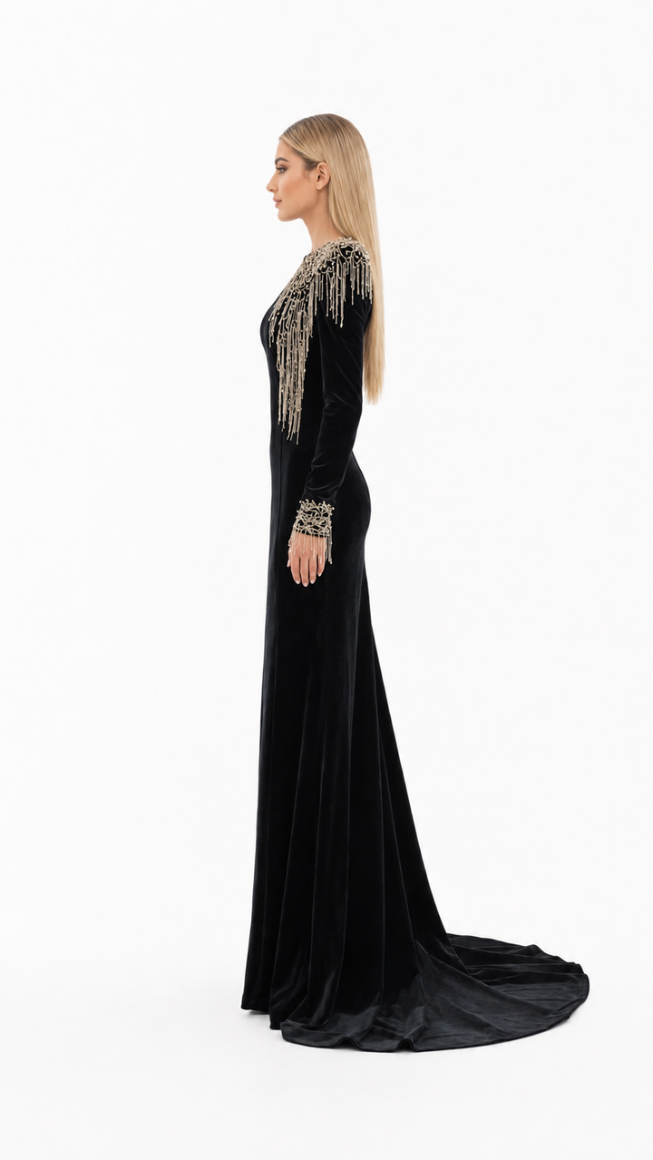 Black Velvet Crystal Fringe Evening Gown – NOIRÉ