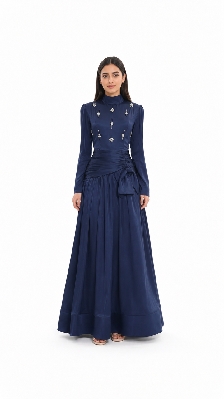 High-neck embellished satin maxi dress with draped waist – LYRA