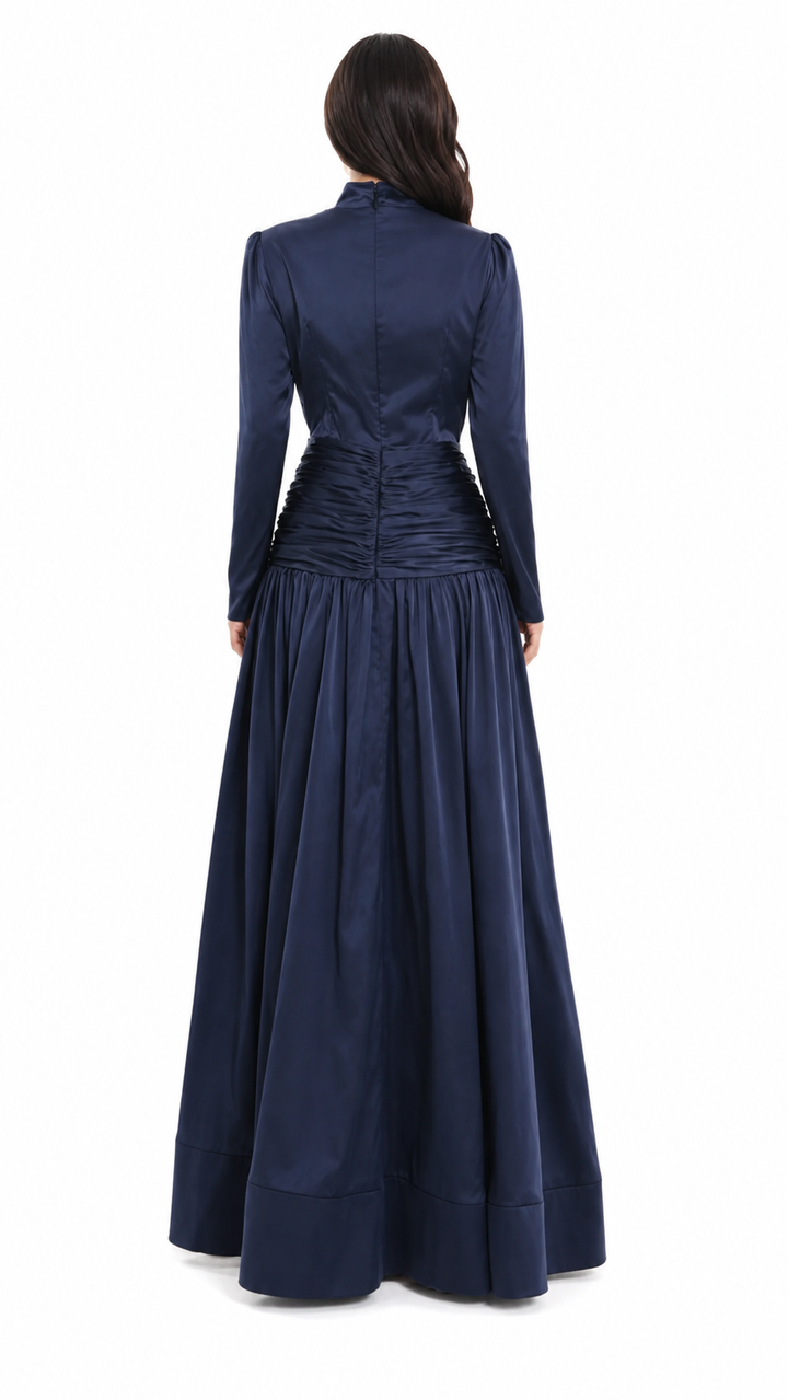 High-neck embellished satin maxi dress with draped waist – LYRA