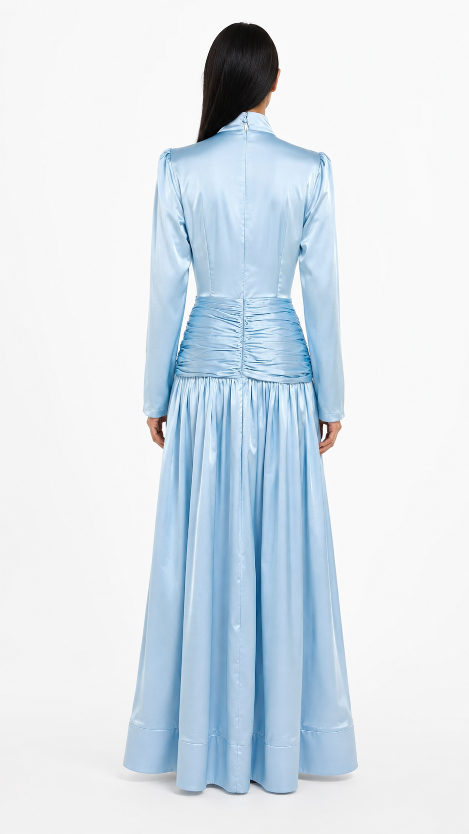 High-neck embellished satin maxi dress with draped waist – LYRA