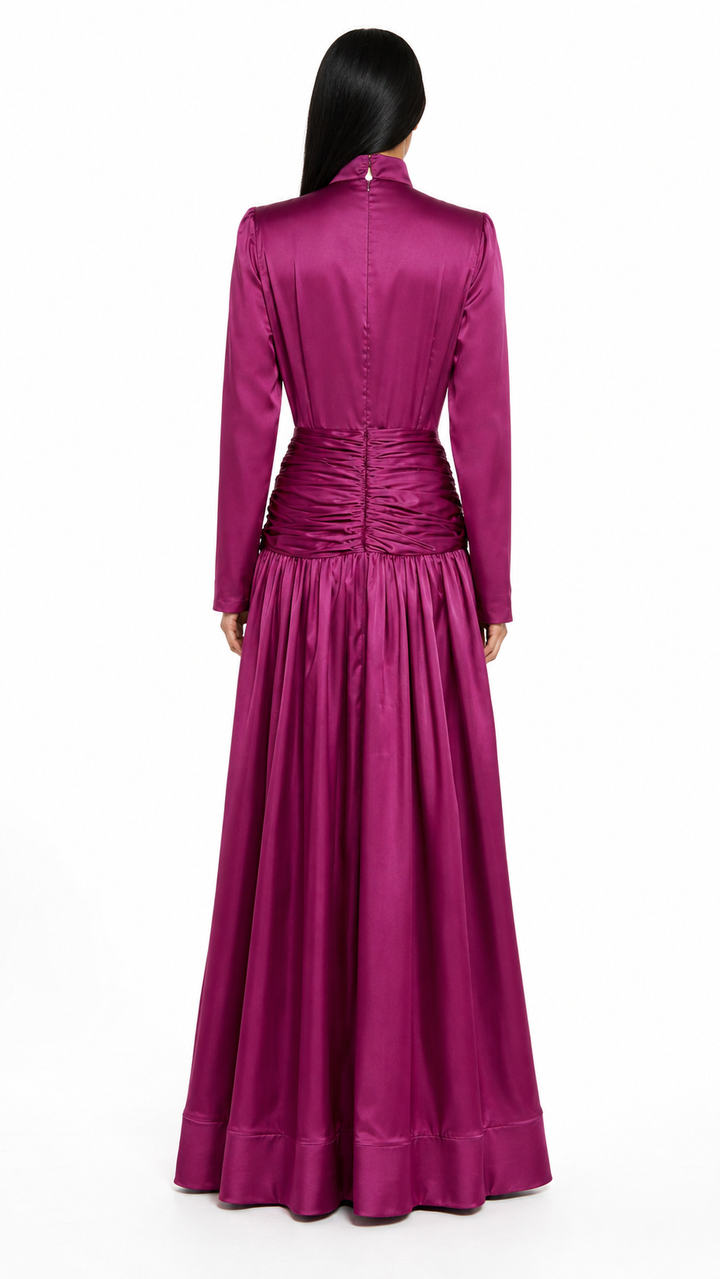 High-neck embellished satin maxi dress with draped waist – LYRA