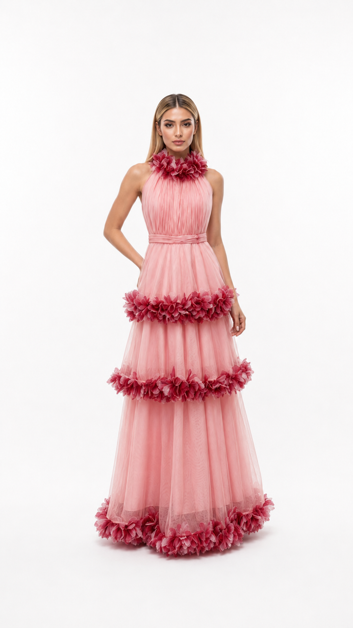 Blush Floral Tiered Tulle Gown – FIORA