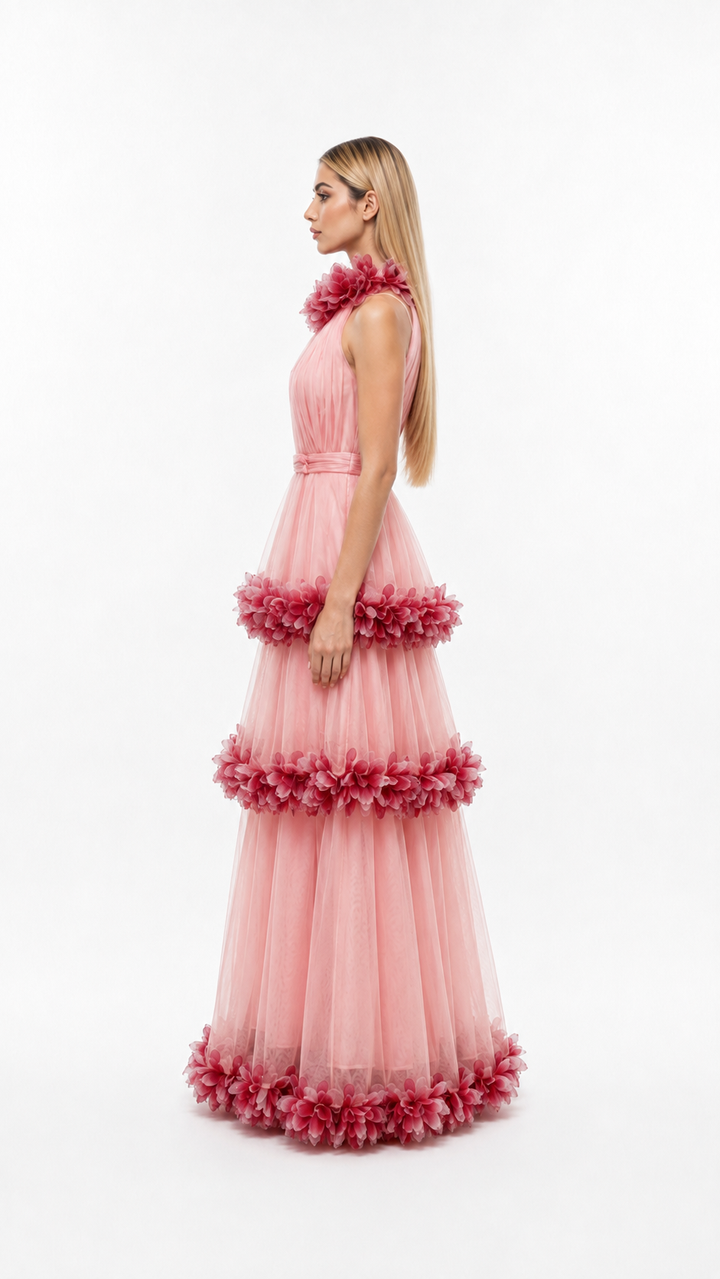 Blush Floral Tiered Tulle Gown – FIORA