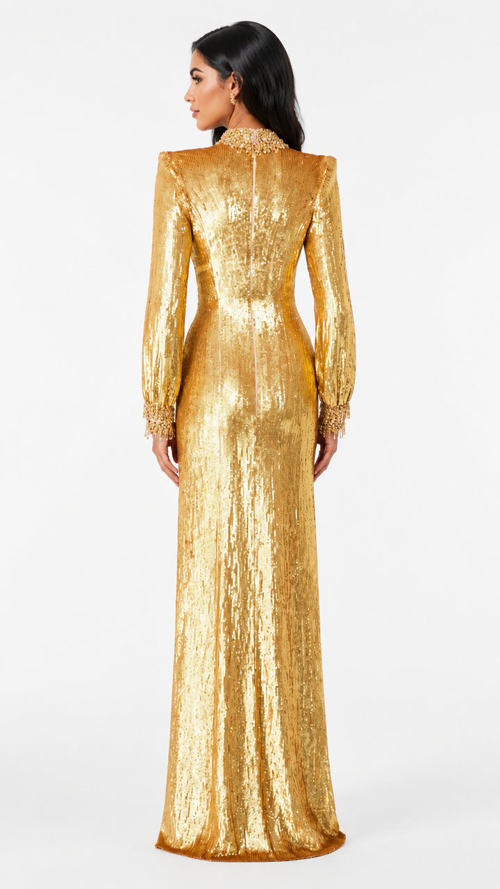Gold Sequin High-Neck Evening Gown – AURELIA