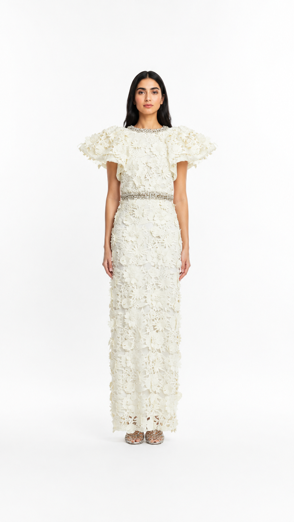 Ivory 3D Floral Embellished Evening Gown – FLORÉA