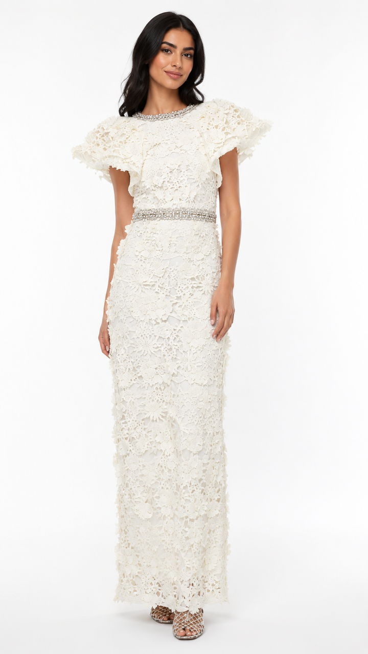 Ivory 3D Floral Embellished Evening Gown – FLORÉA