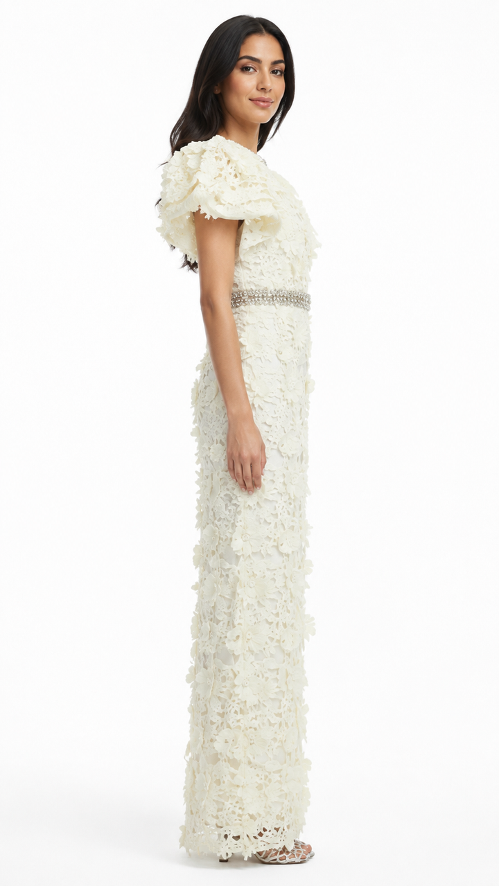 Ivory 3D Floral Embellished Evening Gown – FLORÉA