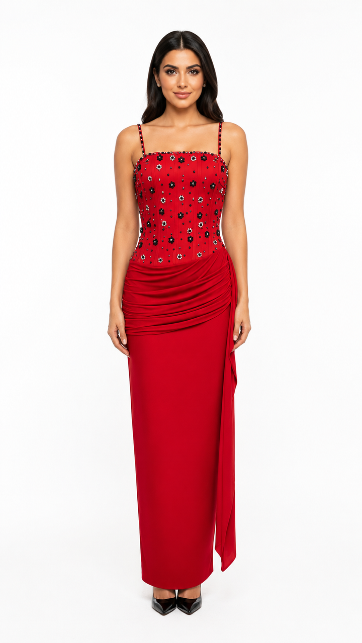 Black Crystal Embellished Draped Evening Dress – SERAPHINE