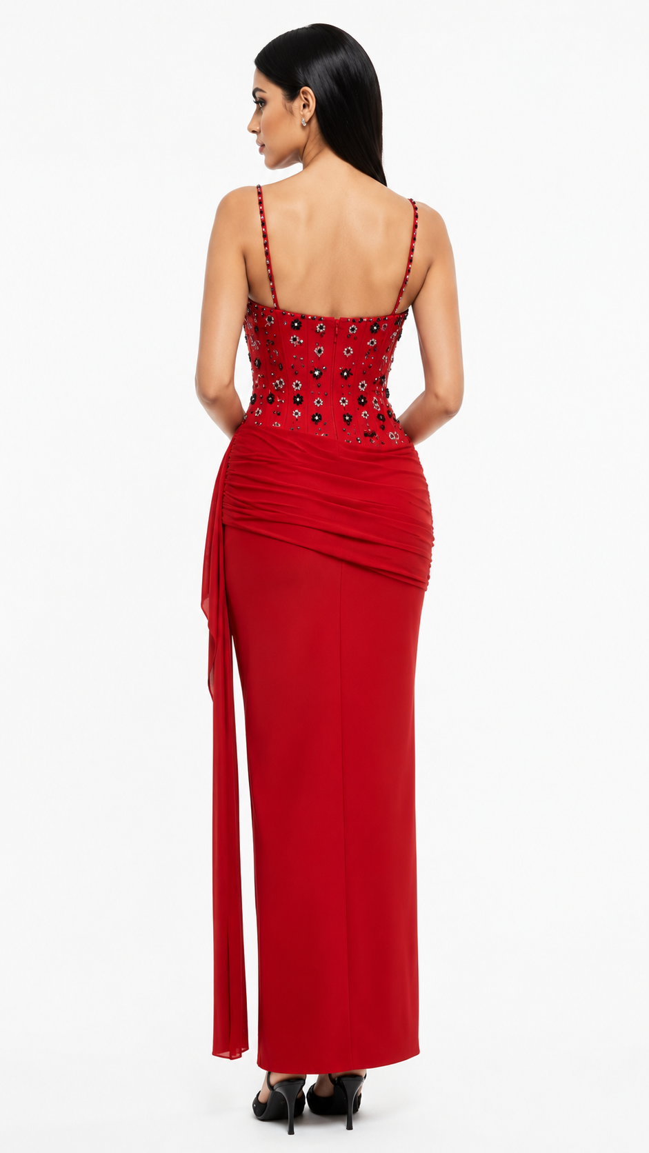 Black Crystal Embellished Draped Evening Dress – SERAPHINE