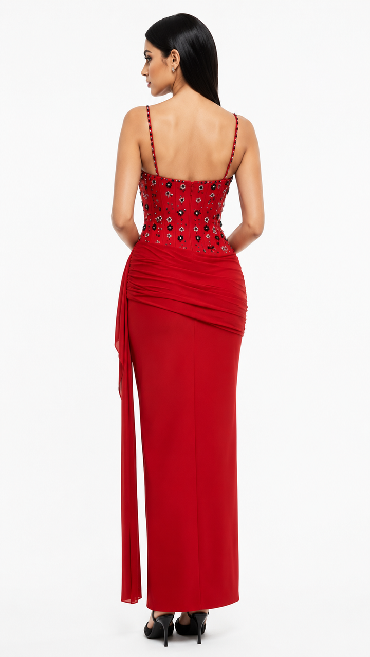 Black Crystal Embellished Draped Evening Dress – SERAPHINE