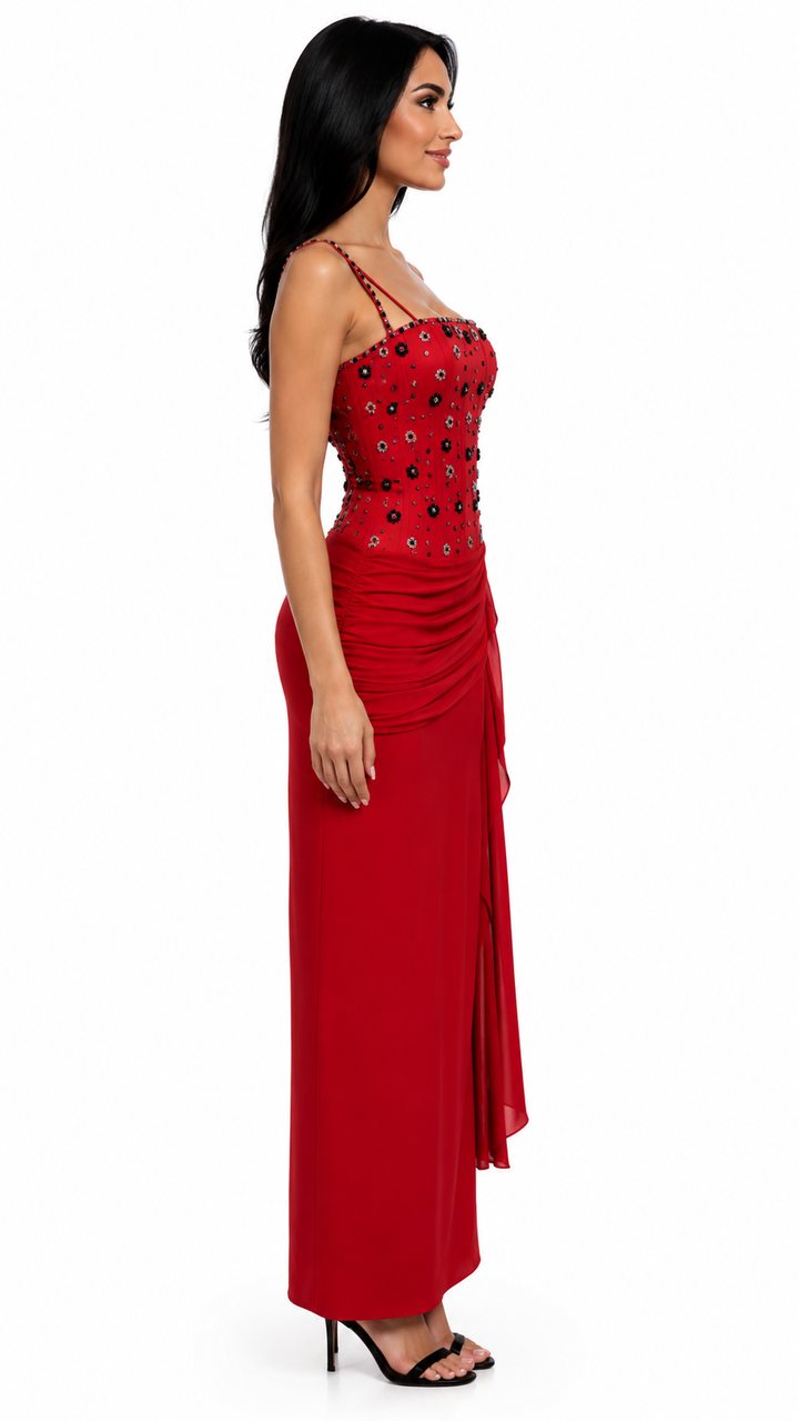 Black Crystal Embellished Draped Evening Dress – SERAPHINE