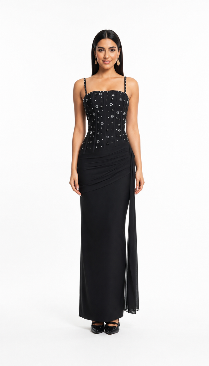 Black Crystal Embellished Draped Evening Dress – SERAPHINE