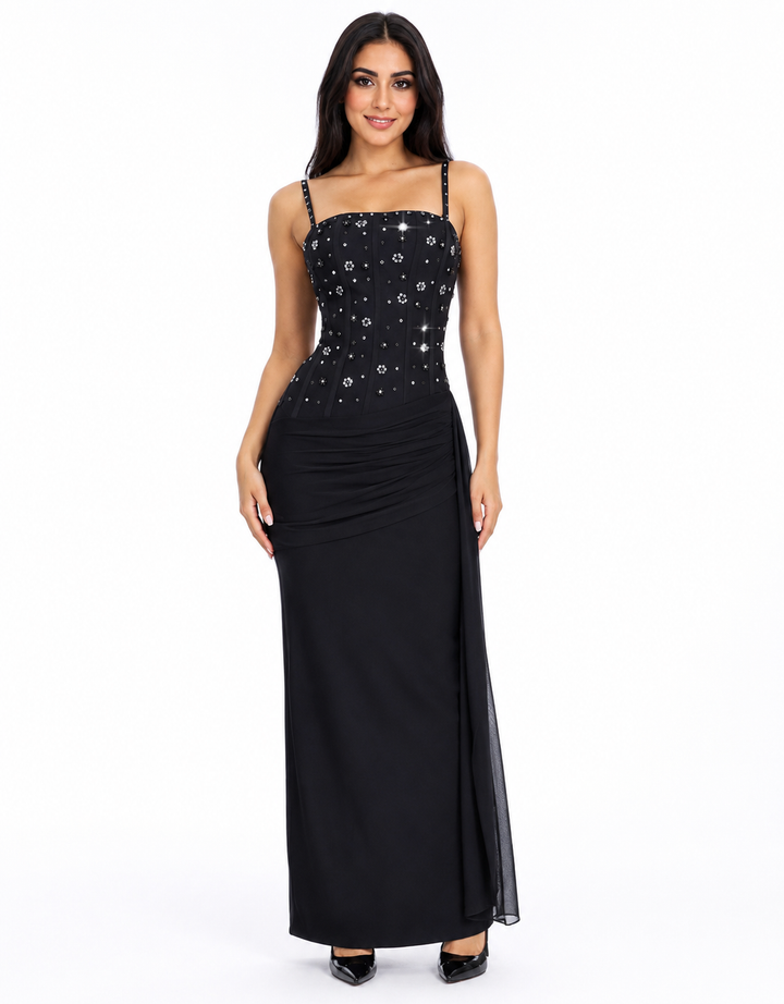 Black Crystal Embellished Draped Evening Dress – SERAPHINE