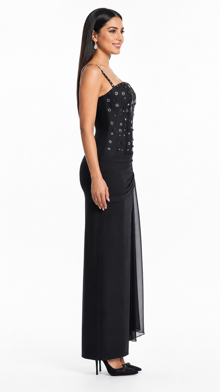 Black Crystal Embellished Draped Evening Dress – SERAPHINE