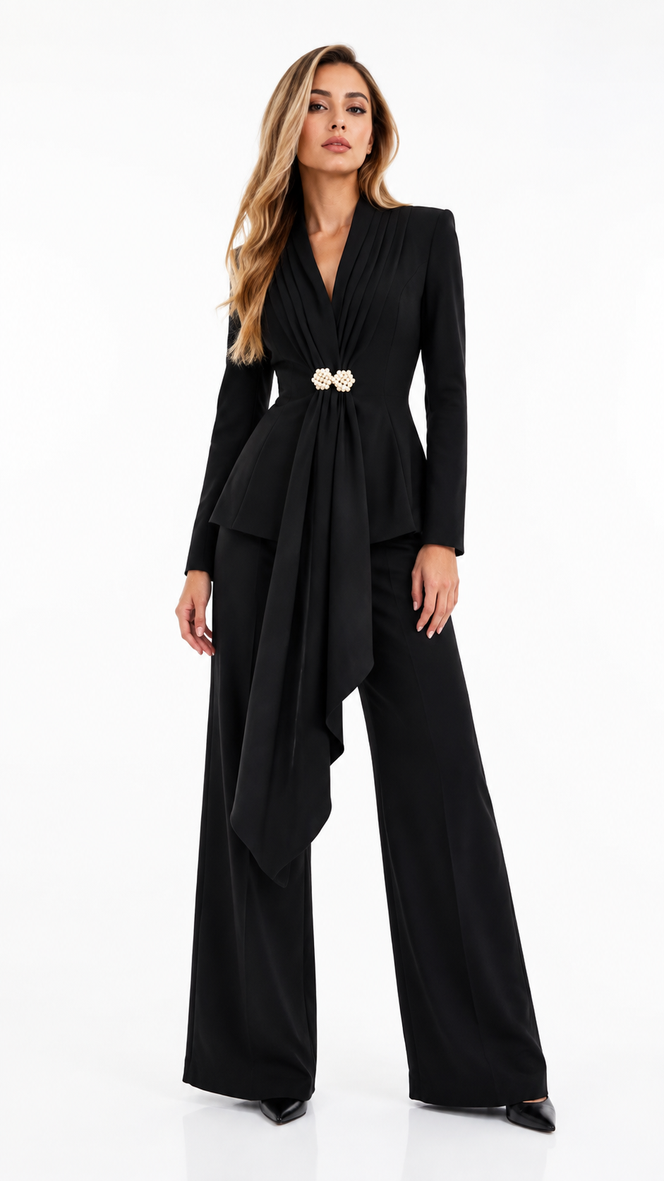 Black Draped Blazer & Wide-Leg Pants Set – MONTRÉA
