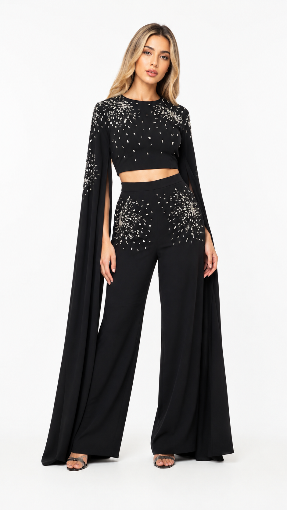 Black Crystal Embellished Cape Two-Piece Set – CELESTIA