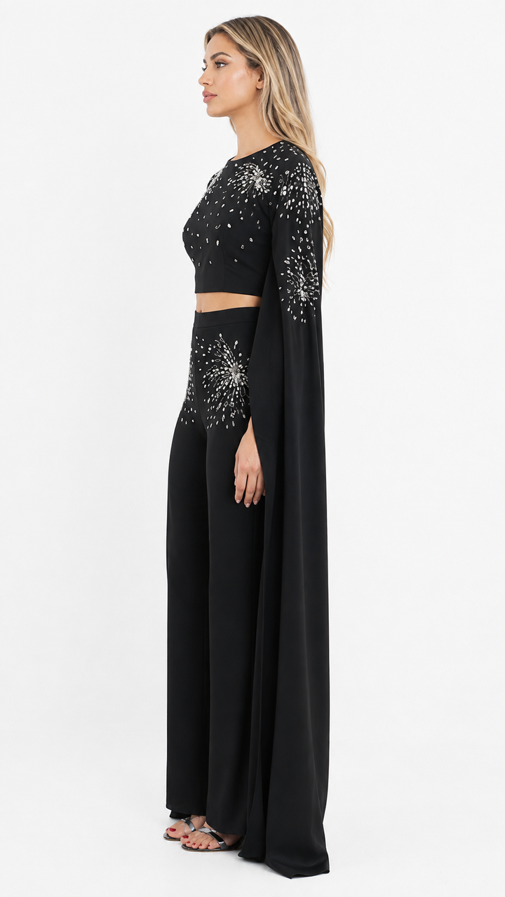 Black Crystal Embellished Cape Two-Piece Set – CELESTIA