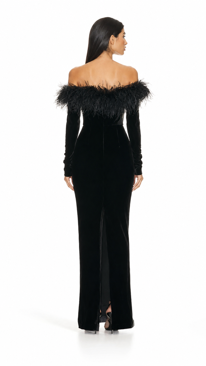 Black Feather Trim Velvet Evening Gown – OMBRÉA