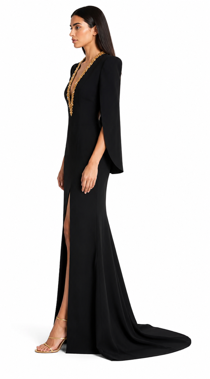 Black Gold Embellished Cape Sleeve Evening Gown – IMPÉRIA