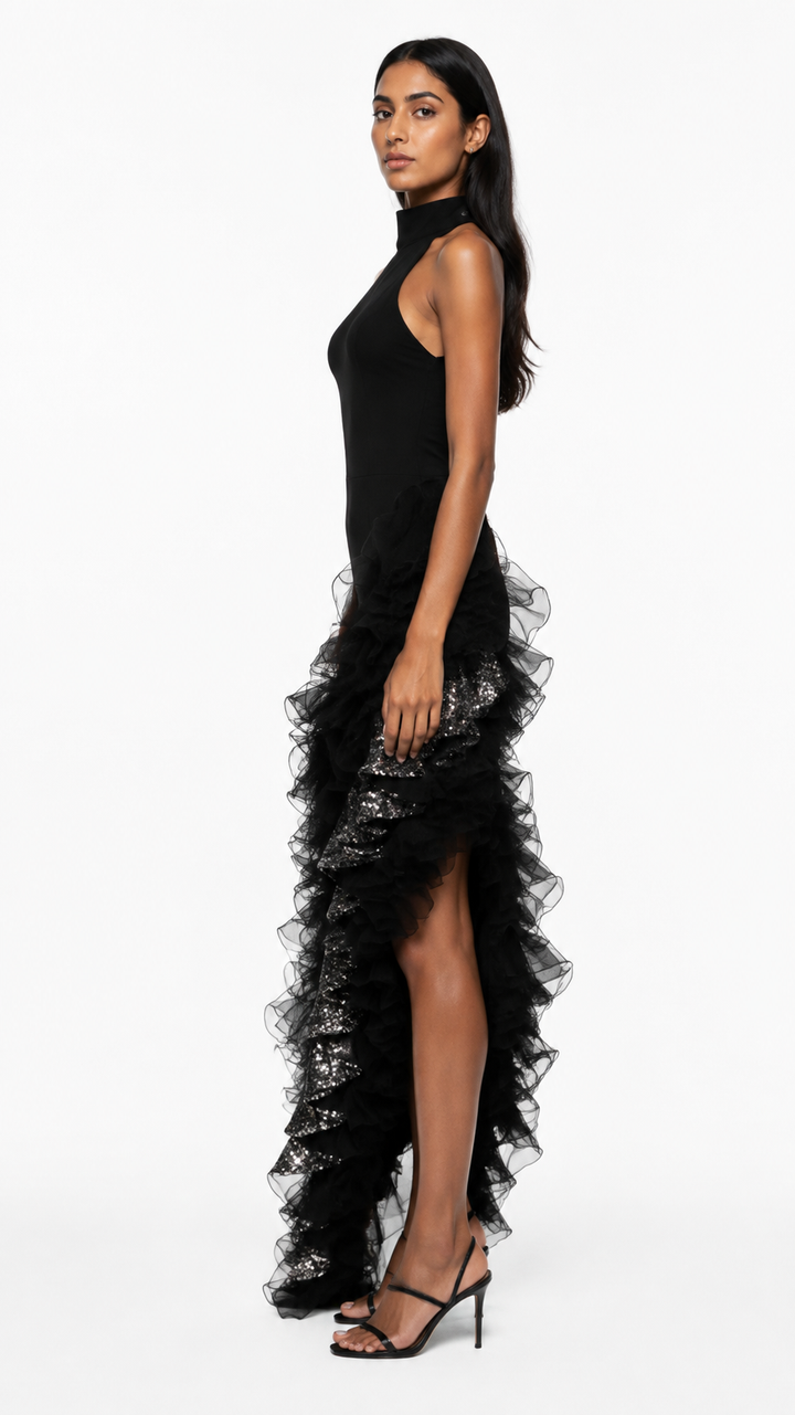 Black Ruffle Sequin Asymmetric Evening Dress – VESPERA