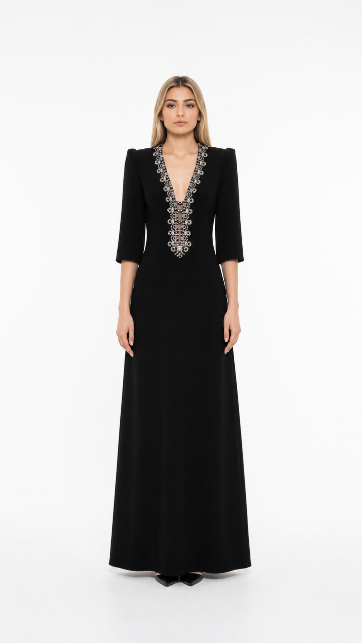 Black Embellished Plunge Neck Evening Gown – VALENZA