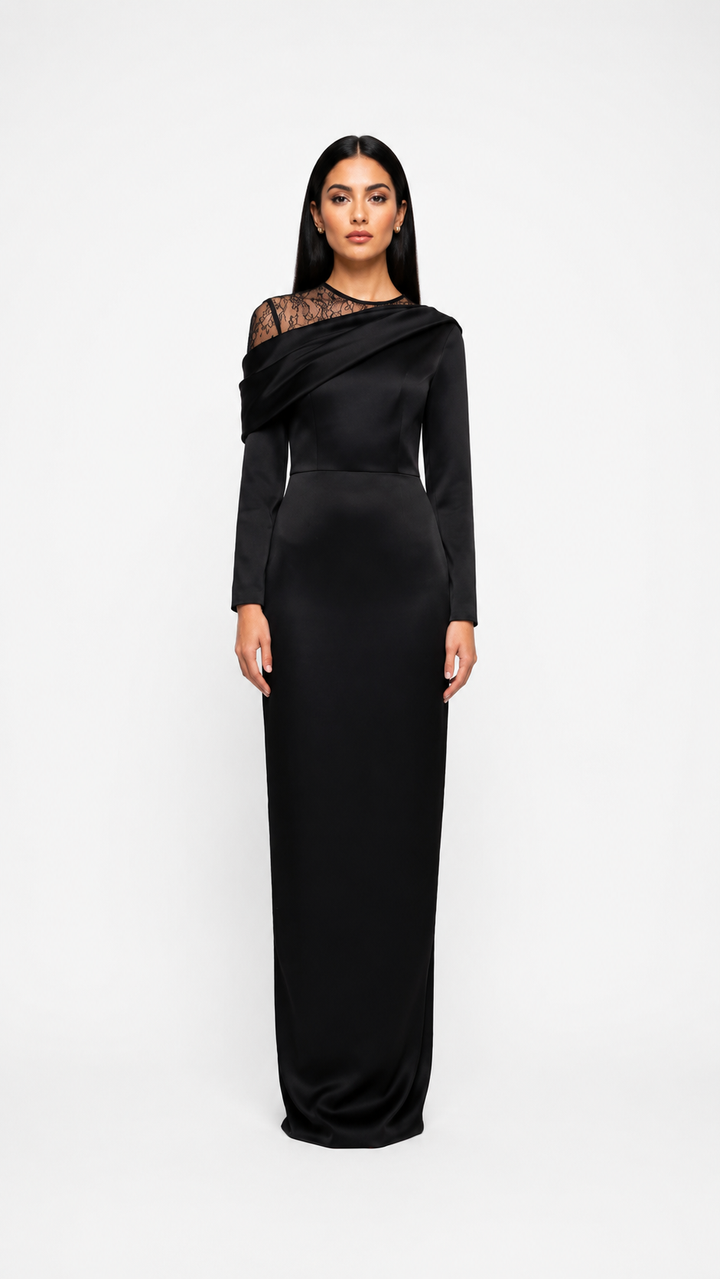 Black Satin Lace Detail Maxi Dress – NOIRELLE