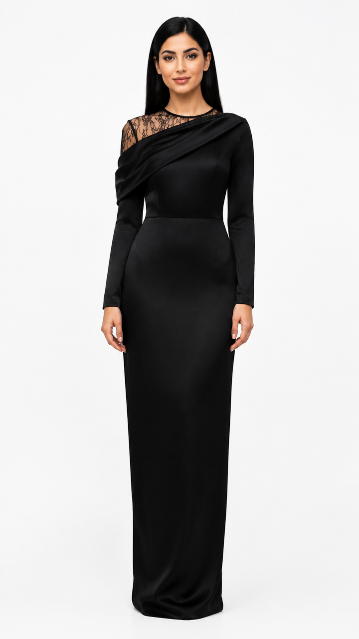 Black Satin Lace Detail Maxi Dress – NOIRELLE