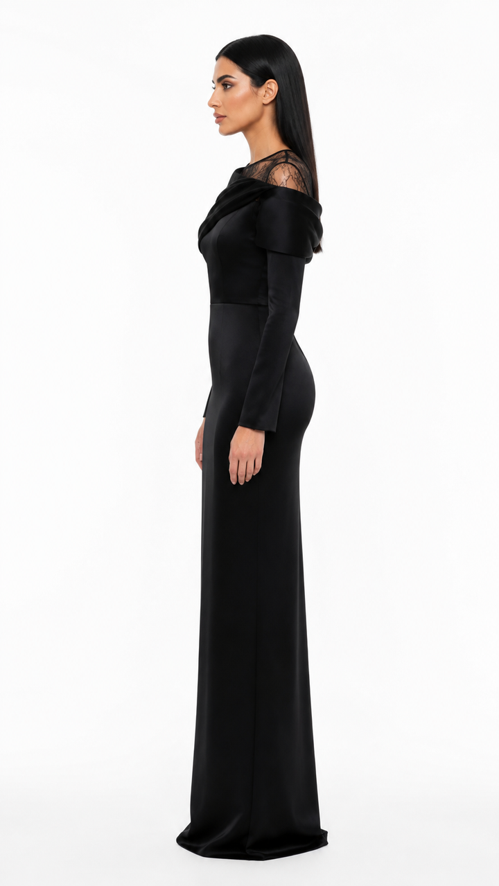 Black Satin Lace Detail Maxi Dress – NOIRELLE