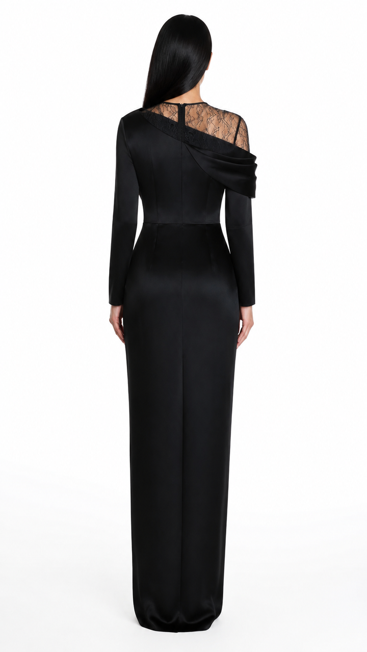 Black Satin Lace Detail Maxi Dress – NOIRELLE
