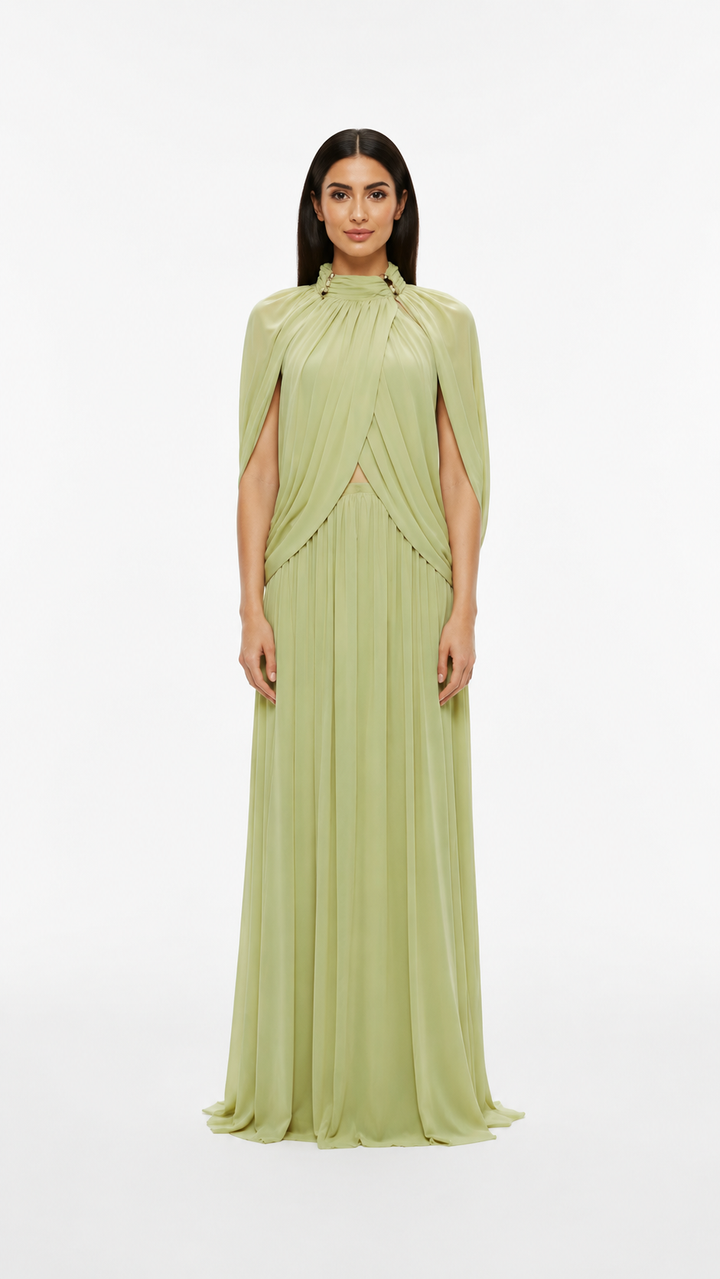 Sage Green Pleated Cape Maxi Dress – LAVENIA