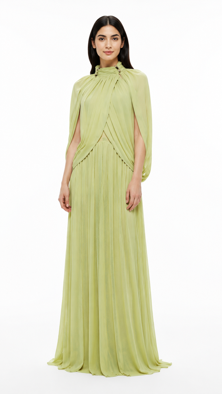 Sage Green Pleated Cape Maxi Dress – LAVENIA