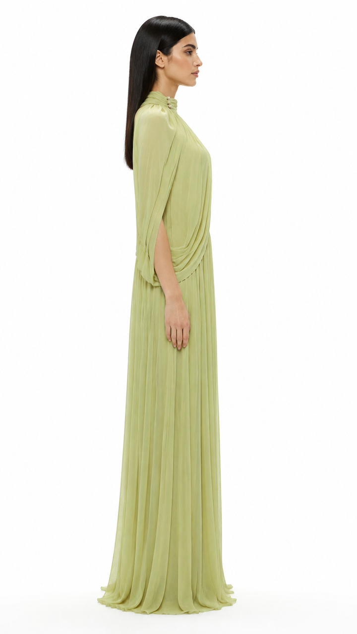 Sage Green Pleated Cape Maxi Dress – LAVENIA
