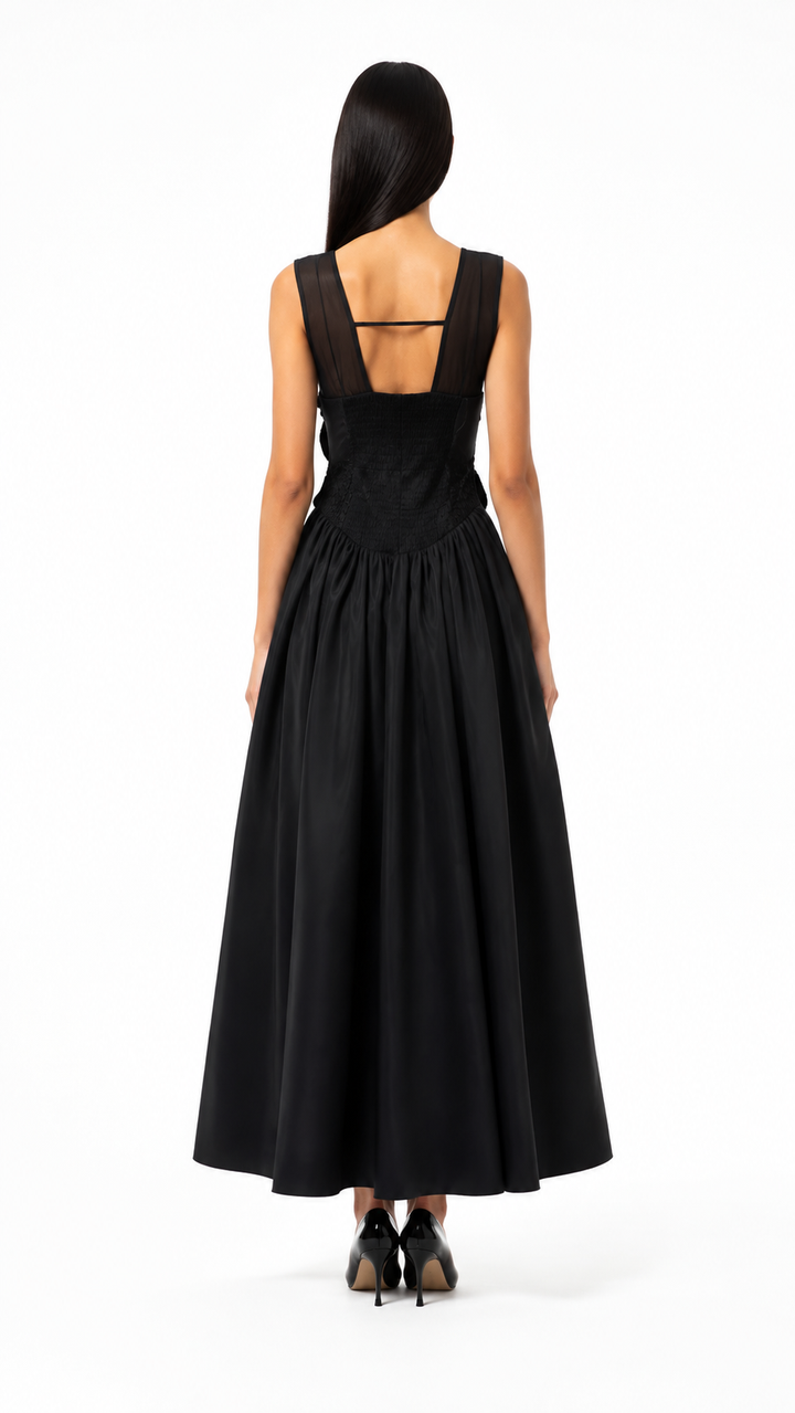 Black Floral Appliqué Midi Dress – MARIELLE