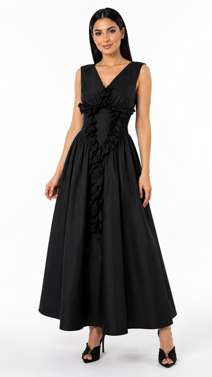 Black Floral Appliqué Midi Dress – MARIELLE