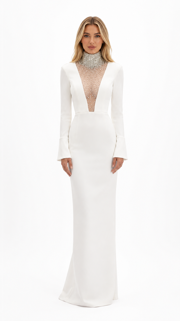 White Crystal High-Neck Maxi Dress – EVELIS