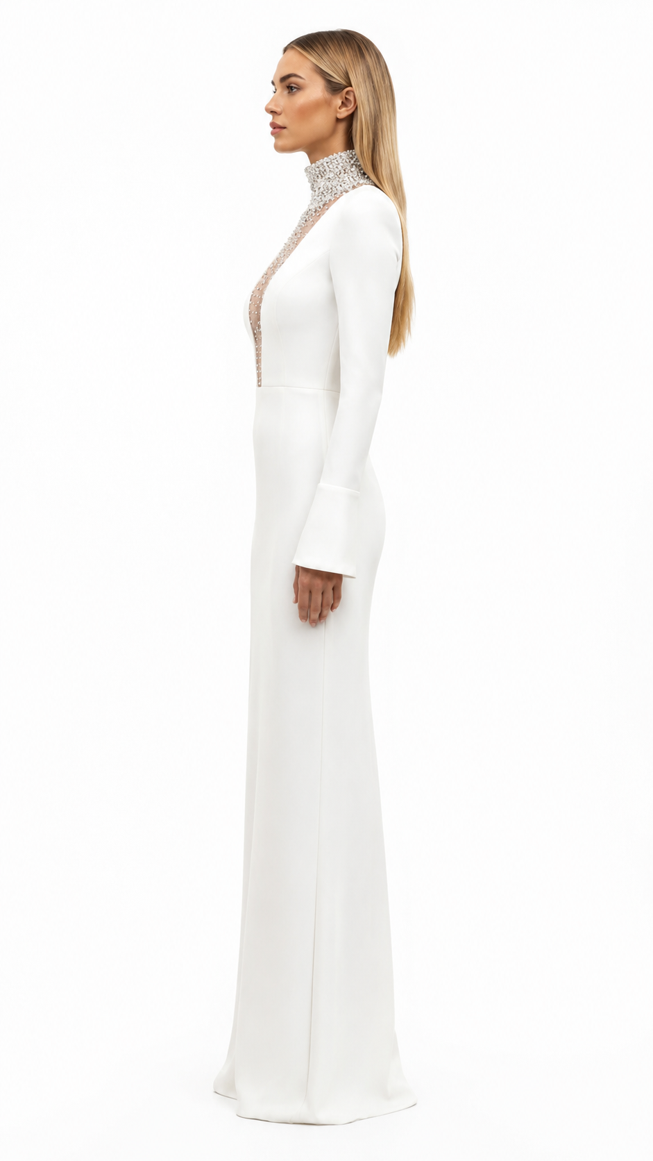 White Crystal High-Neck Maxi Dress – EVELIS