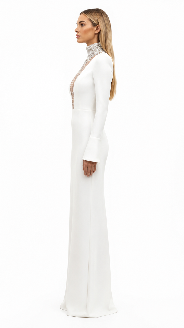 White Crystal High-Neck Maxi Dress – EVELIS