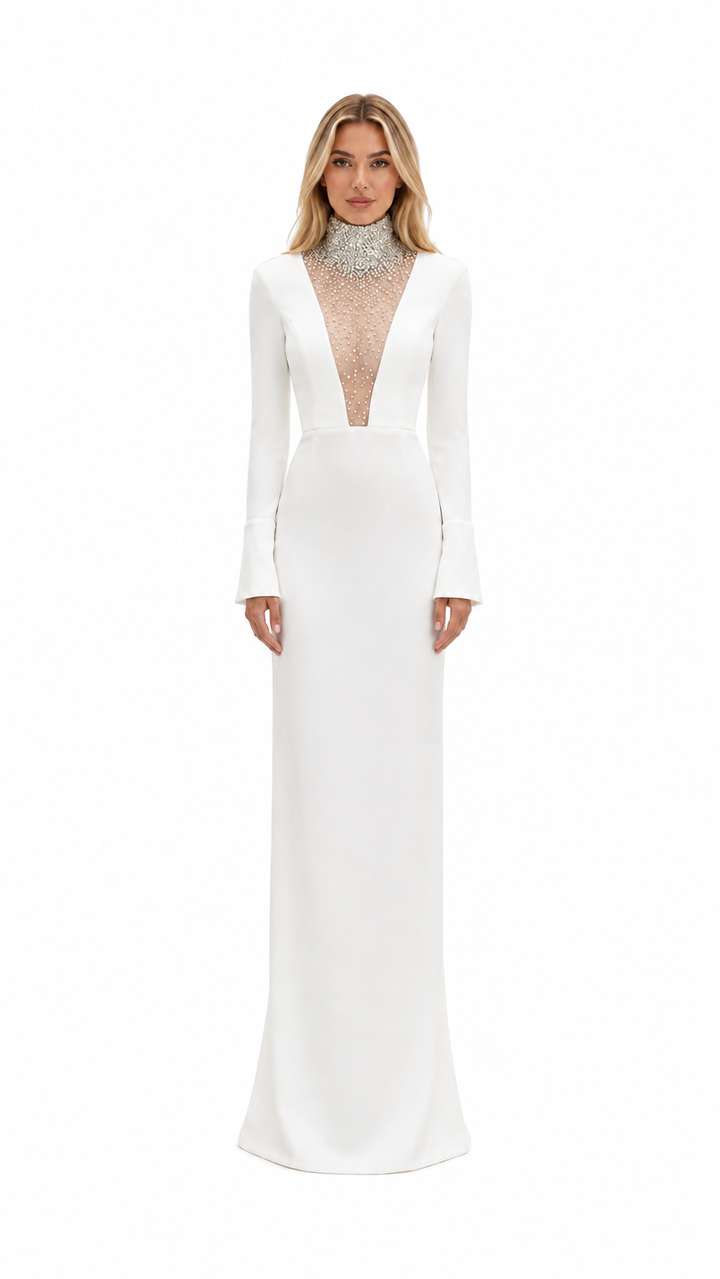 White Crystal High-Neck Maxi Dress – EVELIS