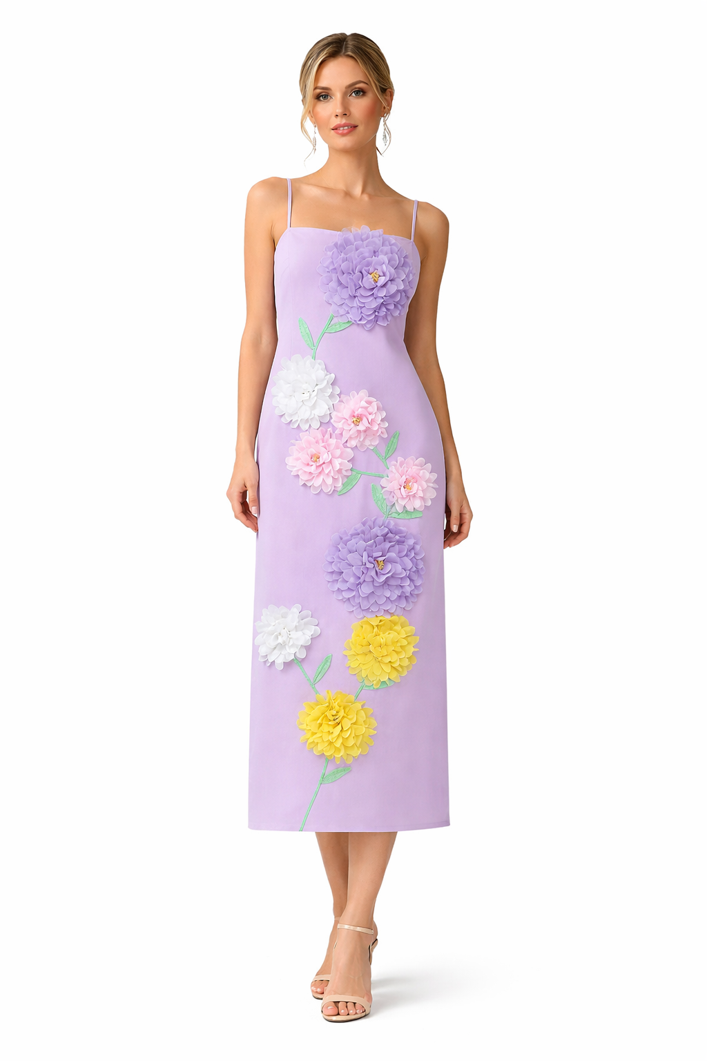 spaghetti-strap column dress with 3D floral appliqué – LILAC