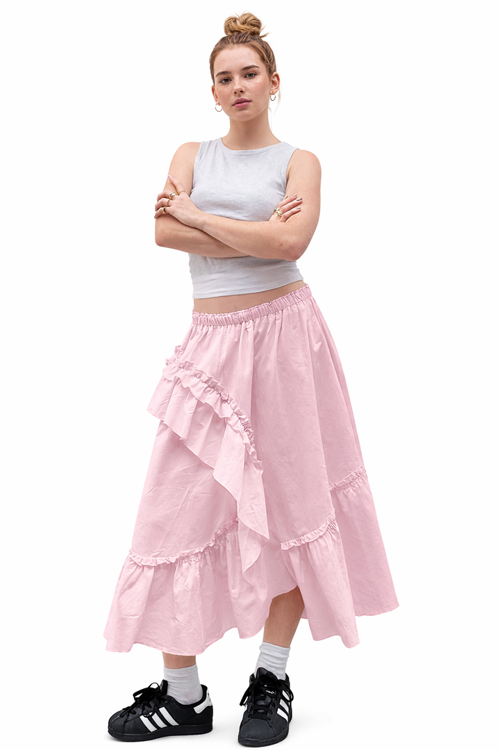 Asymmetrical Ruffle Midi Skirt with Elastic Waist – BLUSH