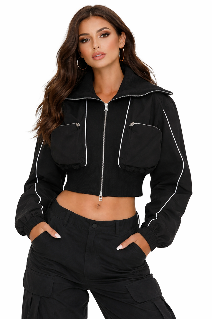 Cropped Utility Bomber Jacket with Zip Pockets – OLIVE