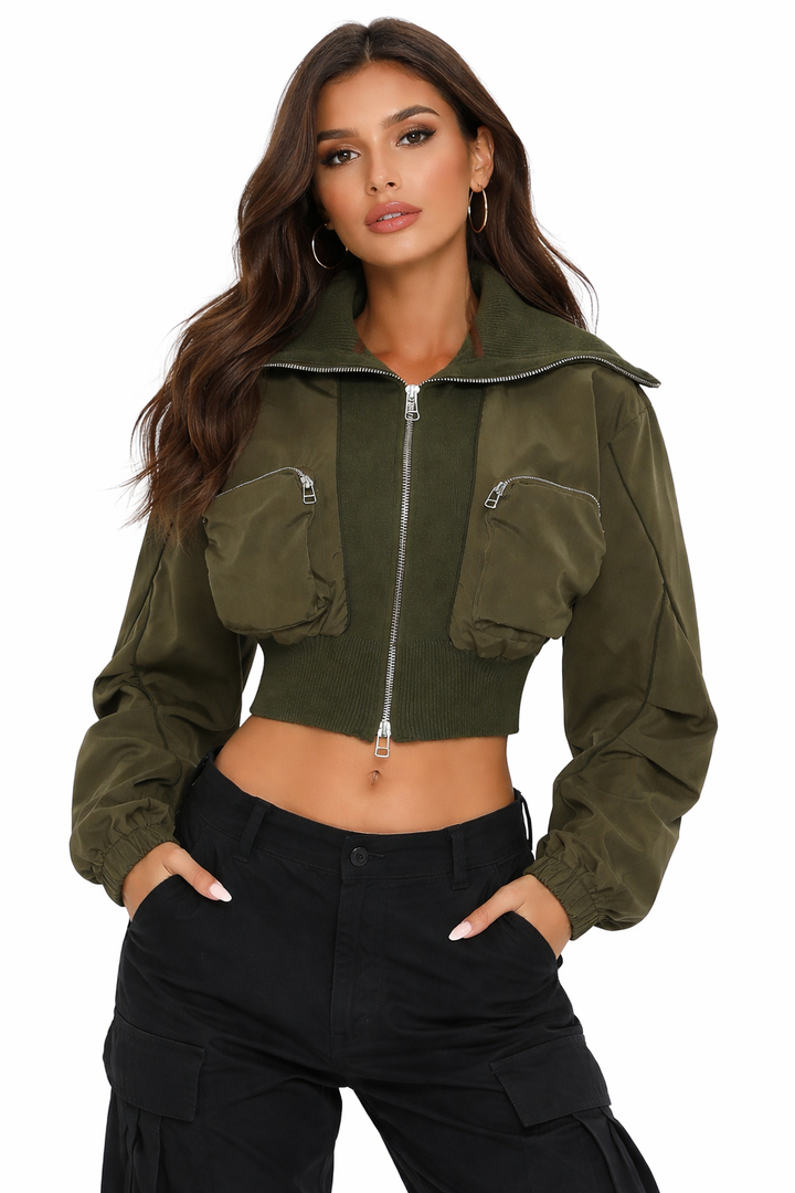 Cropped Utility Bomber Jacket with Zip Pockets – OLIVE