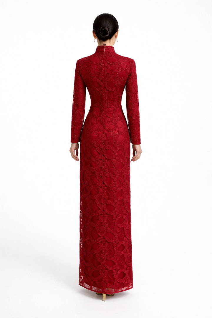 long sleeve lace sheath maxi dress with embellished high collar – IMPERIAL