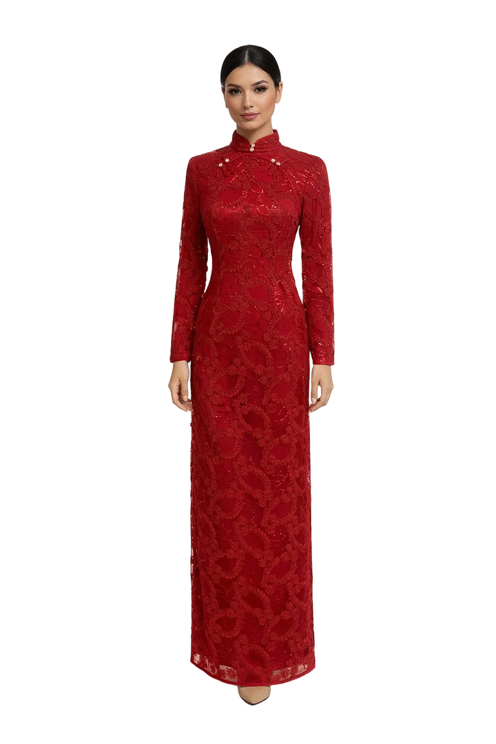 long sleeve lace sheath maxi dress with embellished high collar – IMPERIAL
