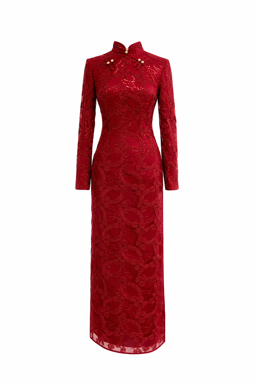 long sleeve lace sheath maxi dress with embellished high collar – IMPERIAL